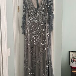 Adrianna Papell Silver-Embellished Grey Beaded Maxi Dress